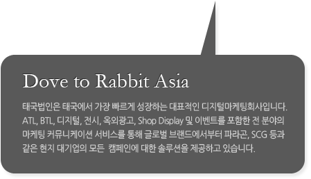 Dove to Rabbit Asia ± ±   ϴ ǥ иȸԴϴ.  ATL, BTL, , , ܱ, Shop Display  ̺Ʈ   о  Ŀ´̼ 񽺸  ۷ι 귣忡 Ķ, SCG      ķο  ַ ϰ ֽϴ. 
